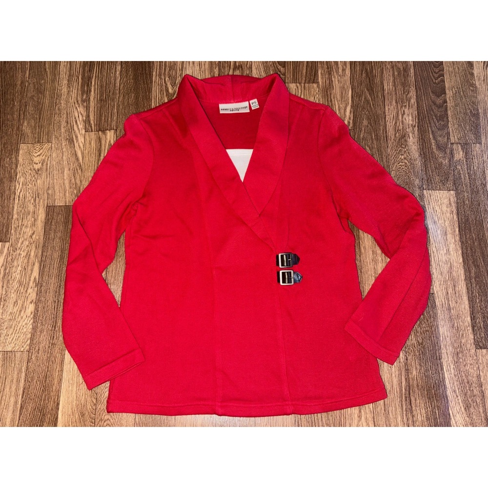 Rebecca Malone Petite Red Shawl Collar Cardigan‎ Sweater Buckle Closure